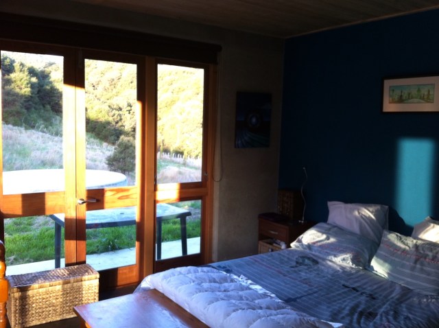 A 'kingfisher' blue feature wall and windows looking north and east (my favorite view).